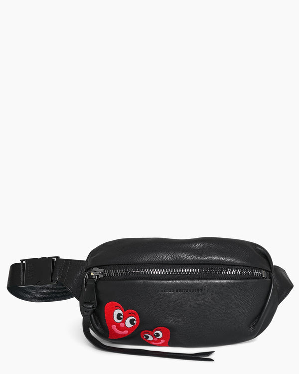 Aimee Kestenberg X ISCREAMCOLOUR black bum bag with heart detail, front view