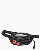 Aimee Kestenberg X ISCREAMCOLOUR black bum bag with heart detail, front view with pocket open