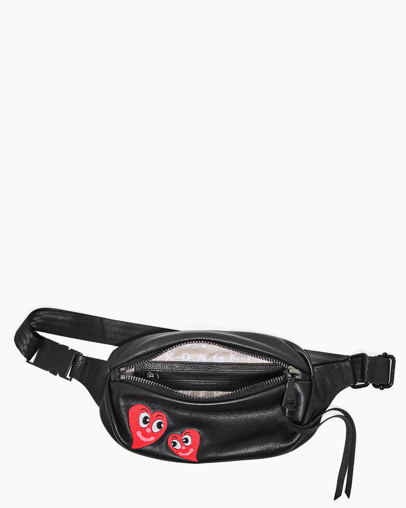 Aimee Kestenberg X ISCREAMCOLOUR black bum bag with heart detail, front view with pocket open