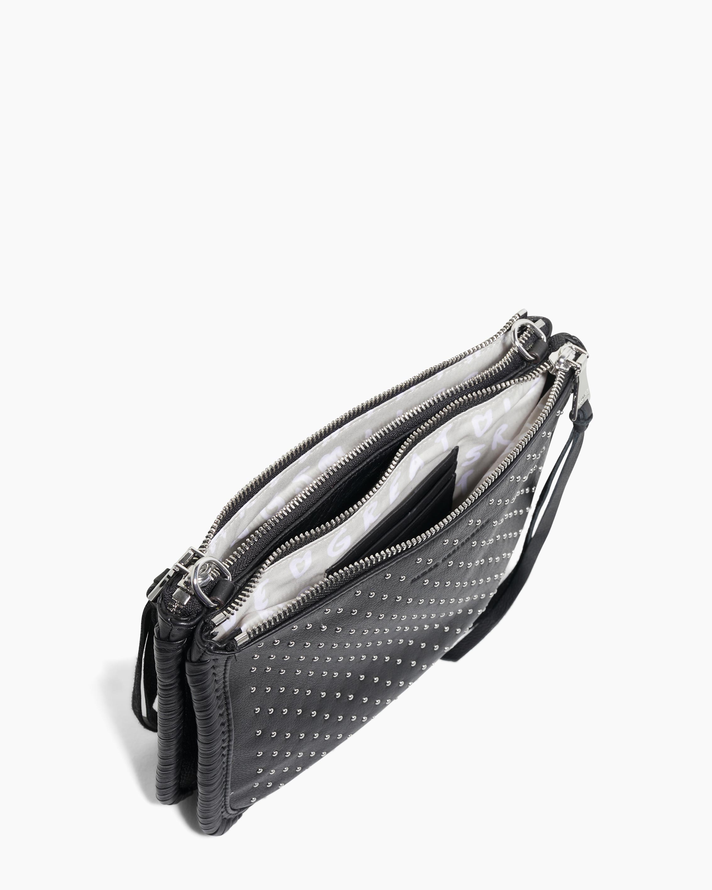 Black Famous Double Top Zip Crossbody Designer Leather Handbag For