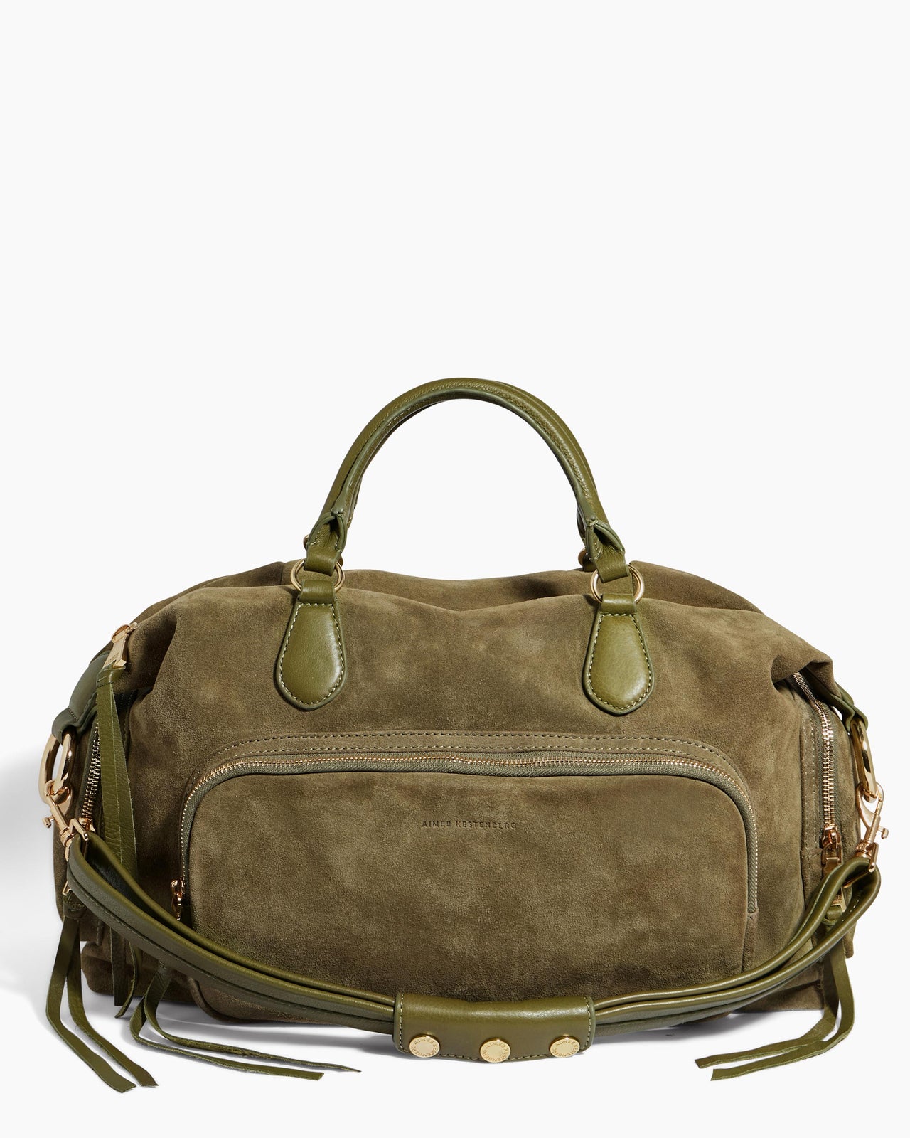 A kelp green Away We Go Suede Duffle Bag from Aimee Kestenberg on a white background. 
