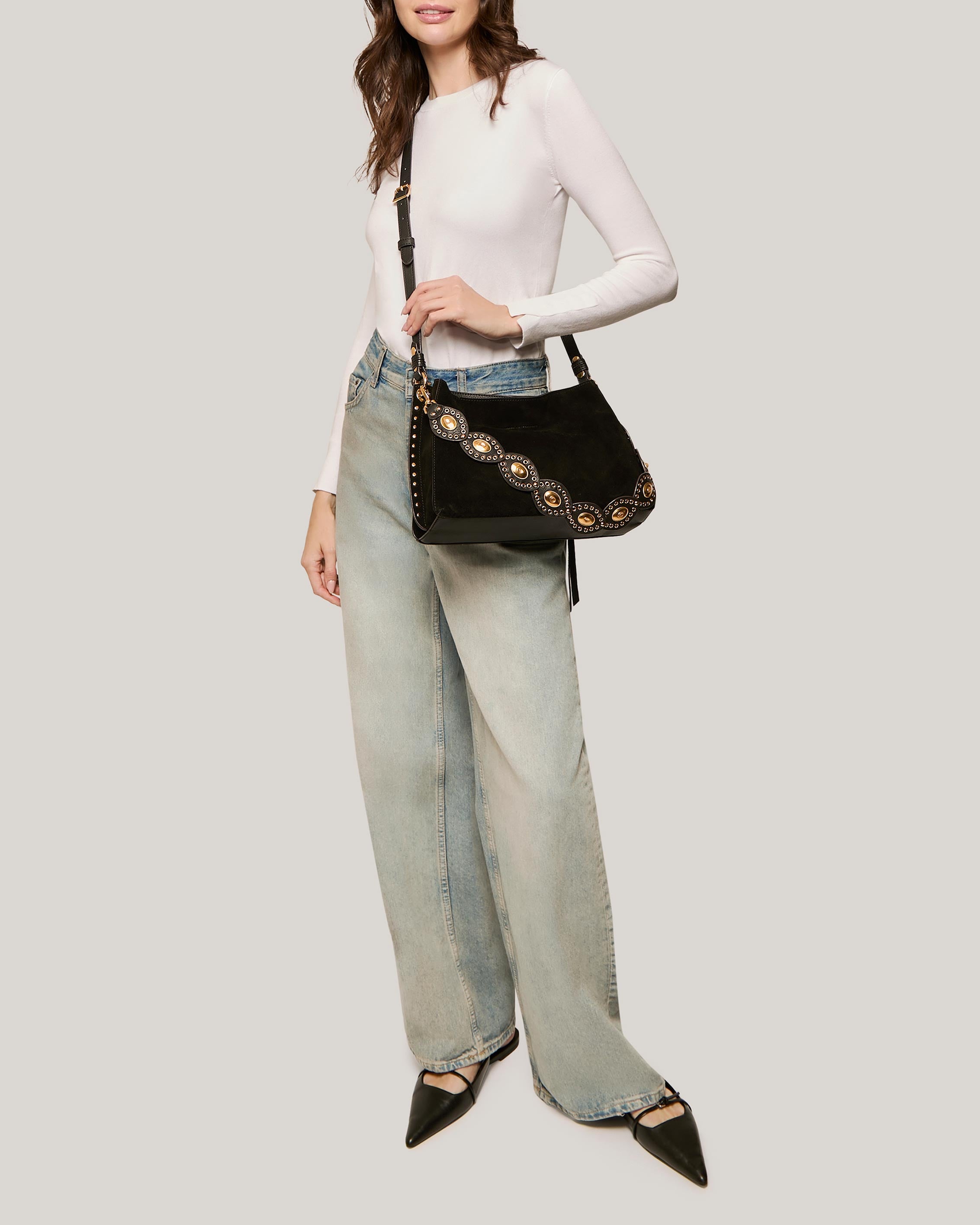 Black Roma Double Entry Shoulder Designer Leather Handbag For