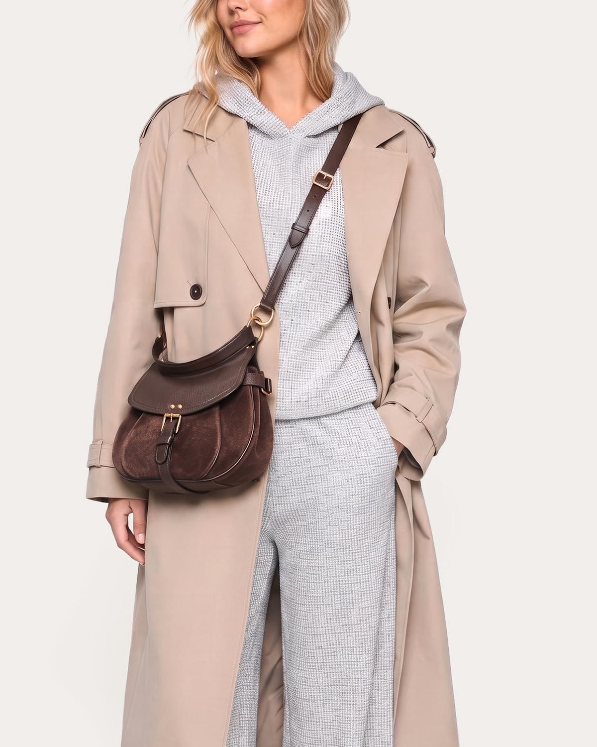 Dash Convertible Crossbody - Fudge Suede - on model