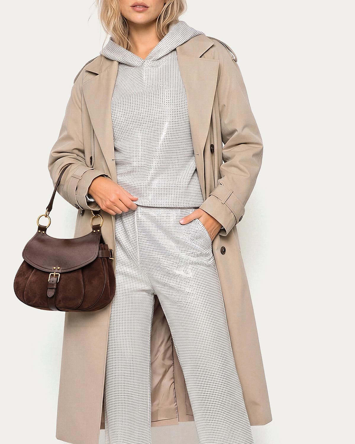 Dash Convertible Crossbody - Fudge Suede - on model