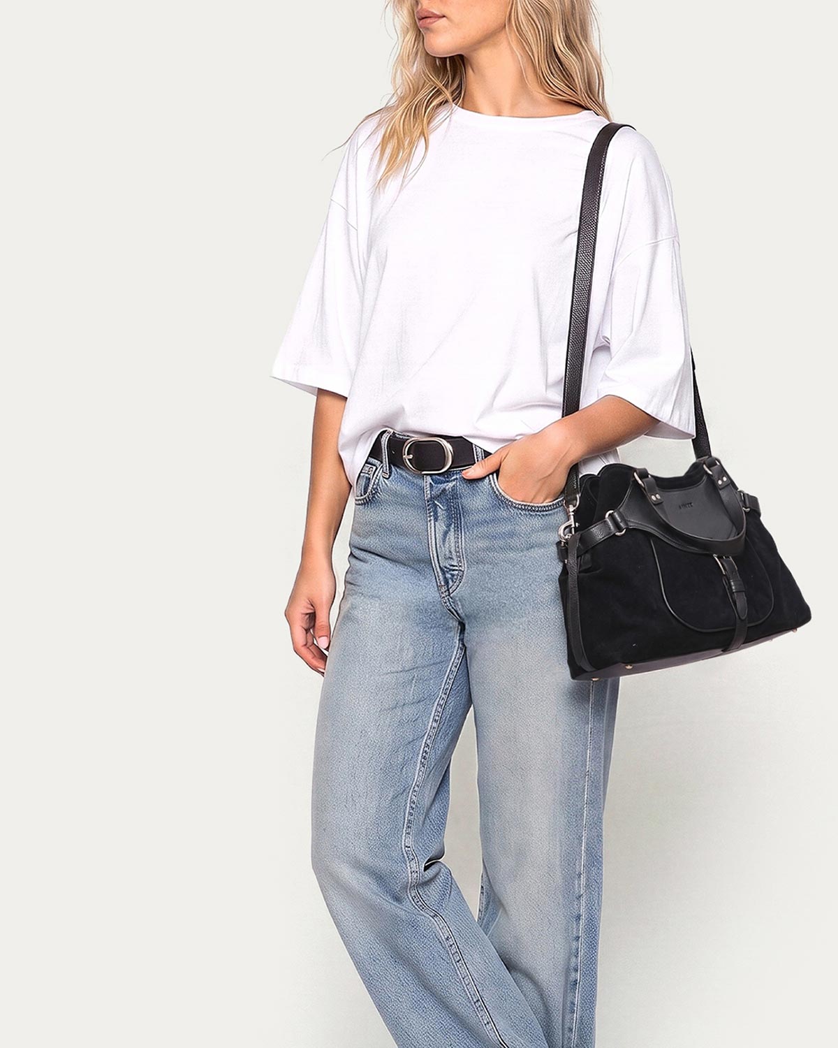 Dash Satchel - Black Suede - on model