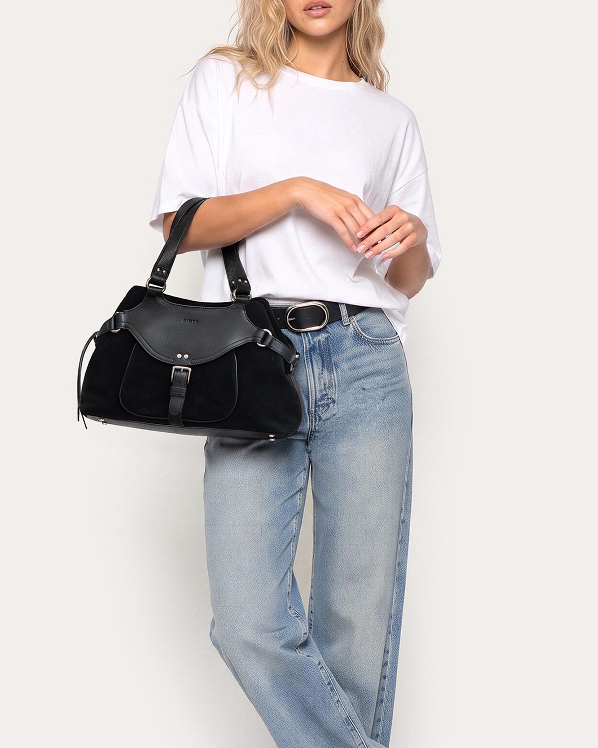Dash Satchel - Black Suede - on model