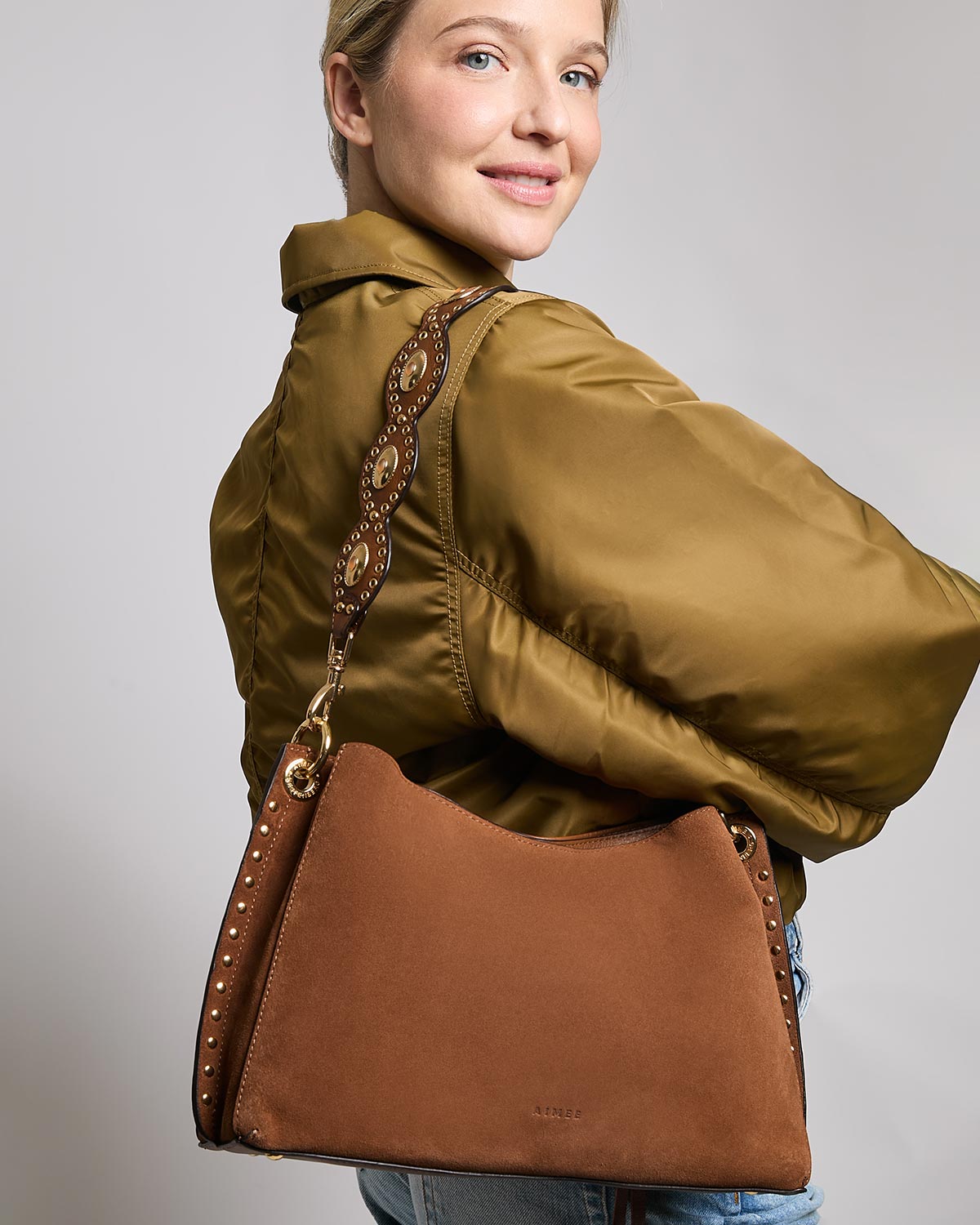 LA PEAU DE GEM★double shoulder suede bag Chestnut Roma Double Entry Shoulder Designer Leather Handbag For