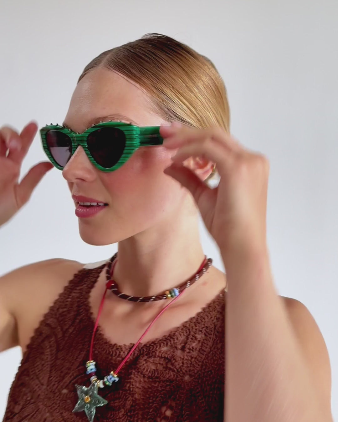 Green Stripe Stud Styler Cat Eye Sunglasses| AIMEE by Aimee