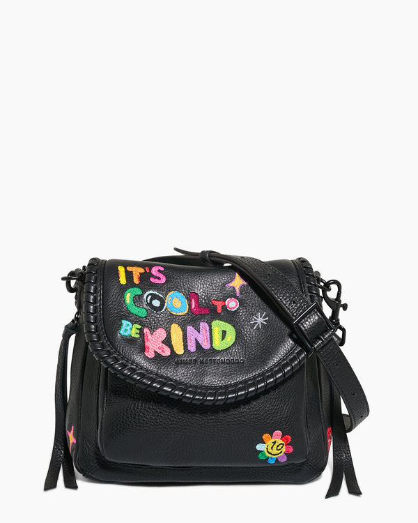 Aimee Kestenberg X ISCREAMCOLOUR black mini crossbody bag with it's cool to be kind flower detail, front view