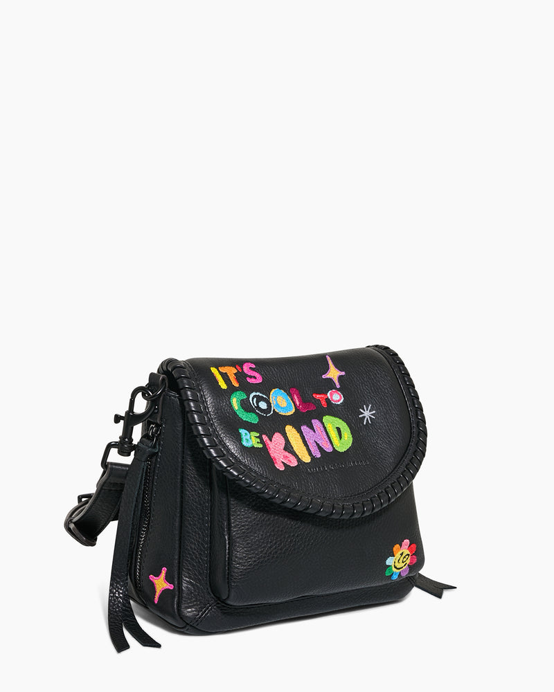 Aimee Kestenberg X ISCREAMCOLOUR black mini crossbody bag with it's cool to be kind flower detail, front angled view