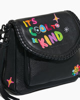 Aimee Kestenberg X ISCREAMCOLOUR black mini crossbody bag with it's cool to be kind flower detail, detailed front view