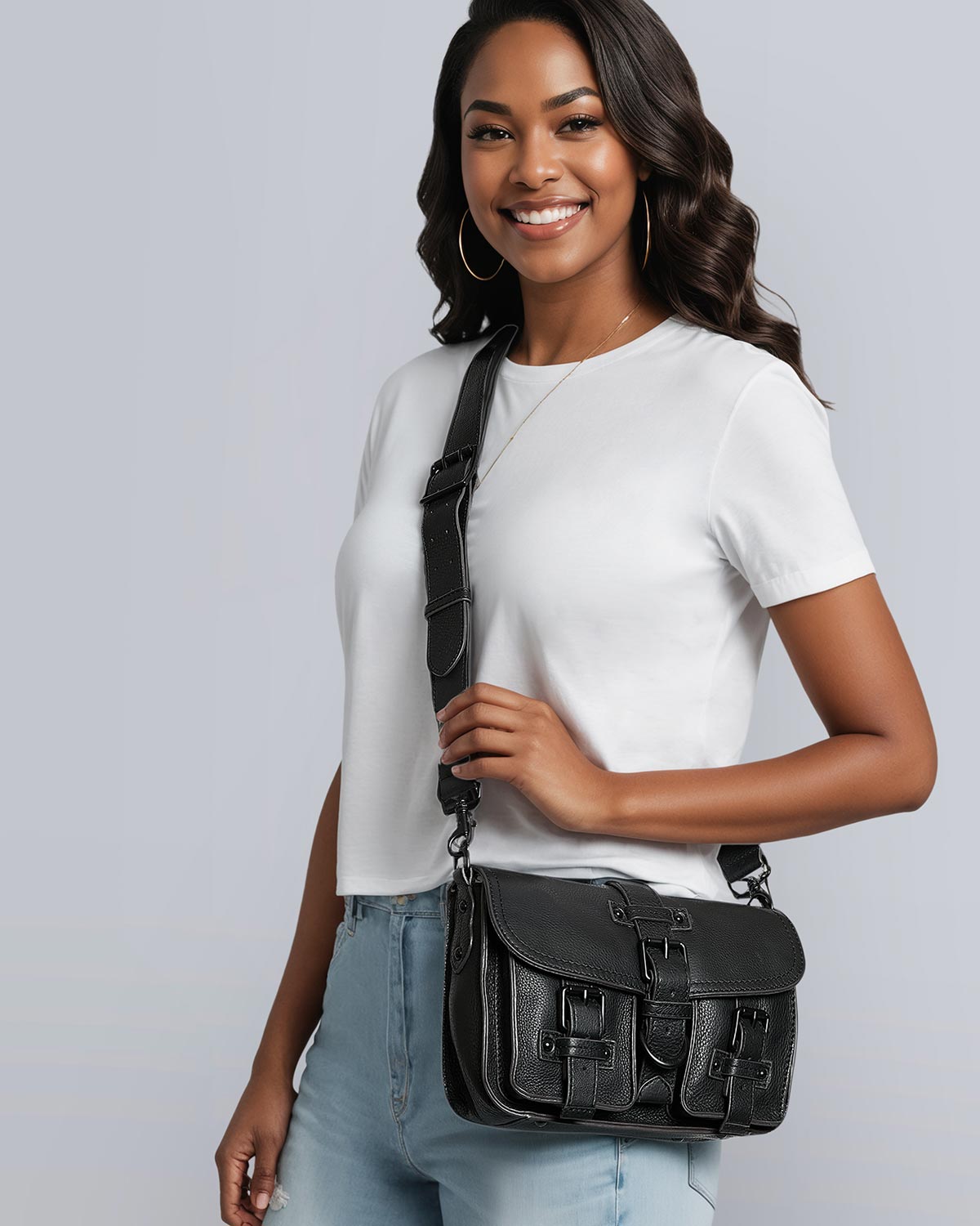 Black Saddle-Up Crossbody Designer Leather Handbag For Women