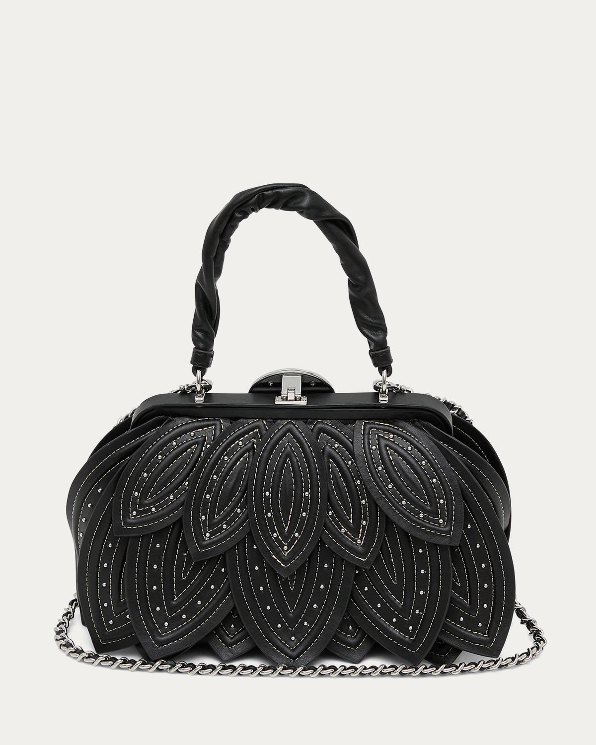 Black Petal Convertible Top Handle Designer Leather Handbag For