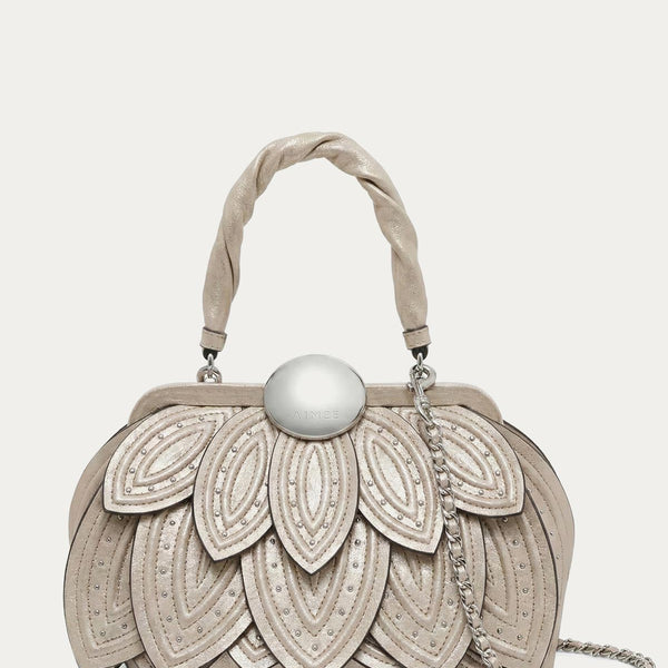 Metallic Petal Convertible Top Handle Designer Leather Handbag For