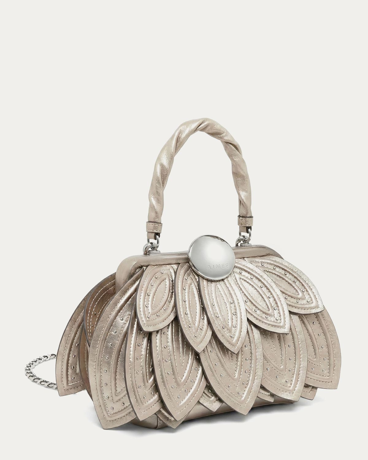 ♡Angie♡ FRANCE Luxe パール＆メタルバー カフポニー Metallic Petal Convertible Top Handle Designer Leather Handbag For