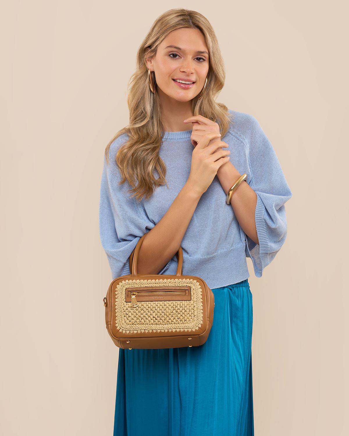 Raffia Ritual Midsize Satchel Designer Leather Handbag For Women