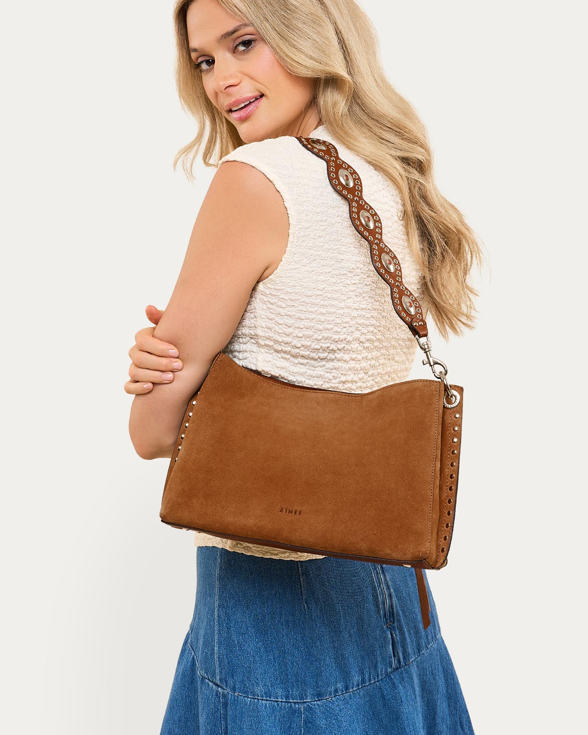 Latte Roma Double Entry Shoulder Designer Leather Handbag For