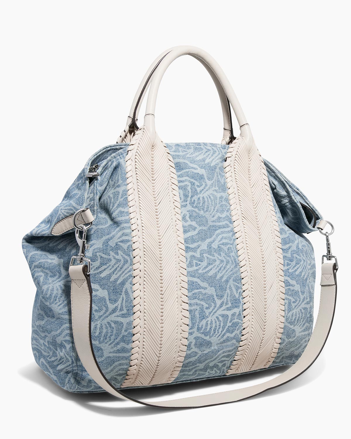 Denim All For Love Convertible Top Zip Tote Designer Leather