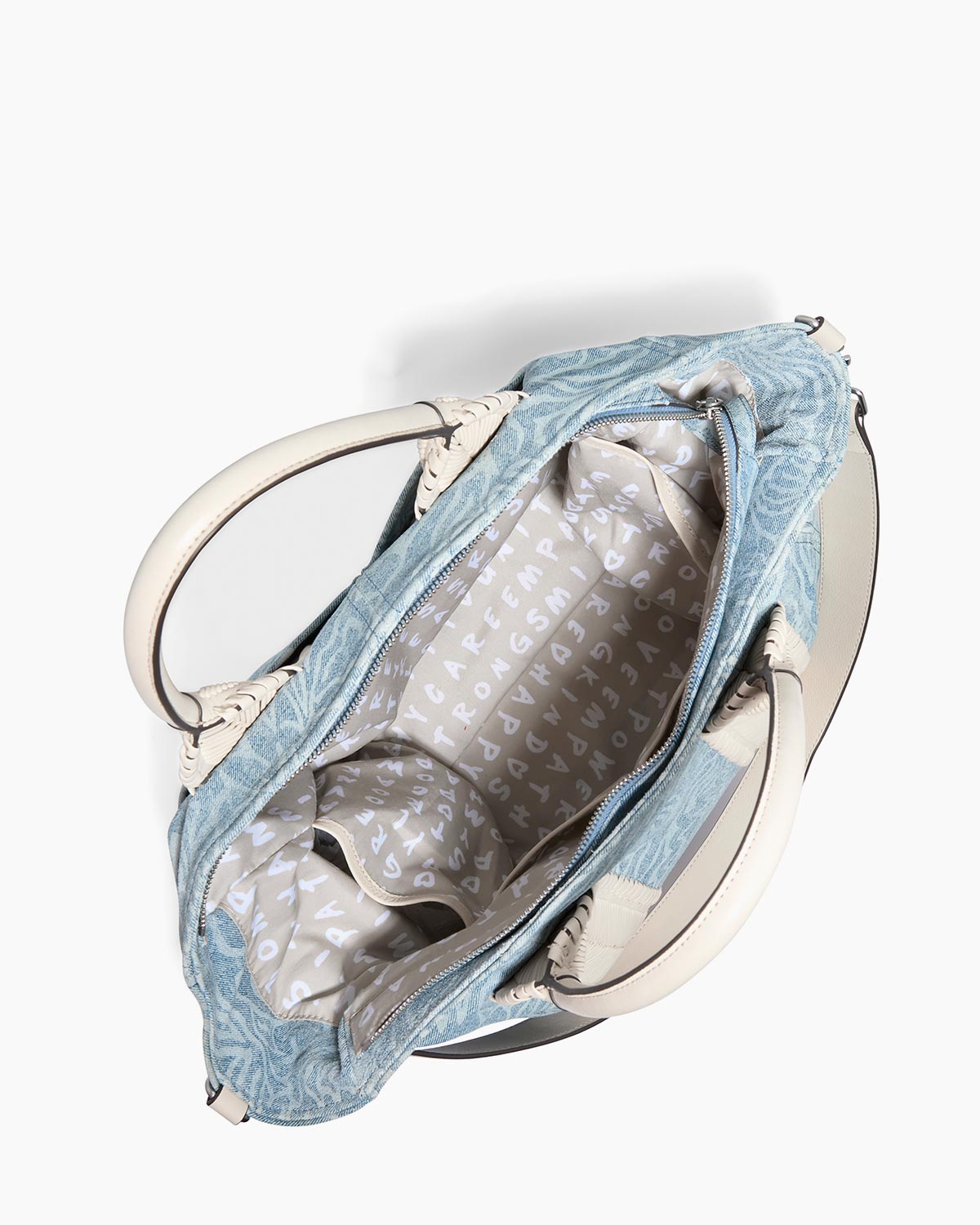 Denim All For Love Convertible Top Zip Tote Designer Leather