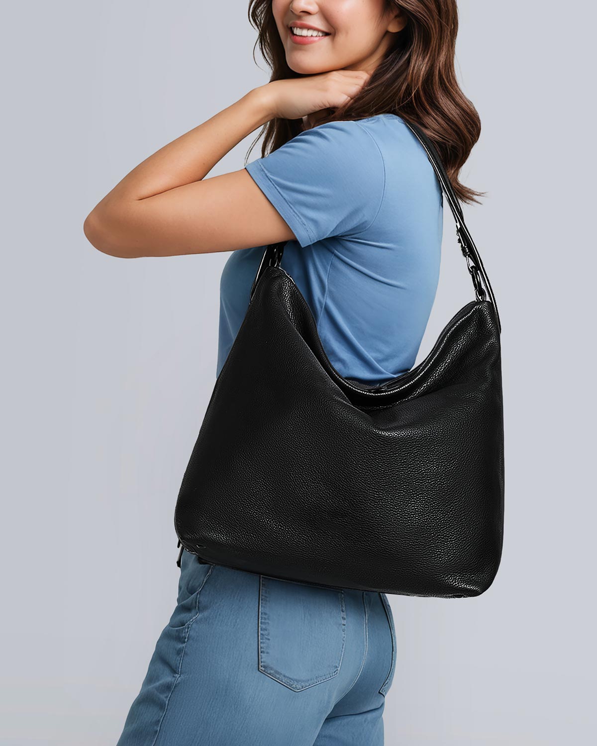 Black Ava Ziptop Hobo Designer Leather Handbag For Women | AIMEE Black Ava Ziptop Hobo Designer Leather Handbag For Women | AIMEE