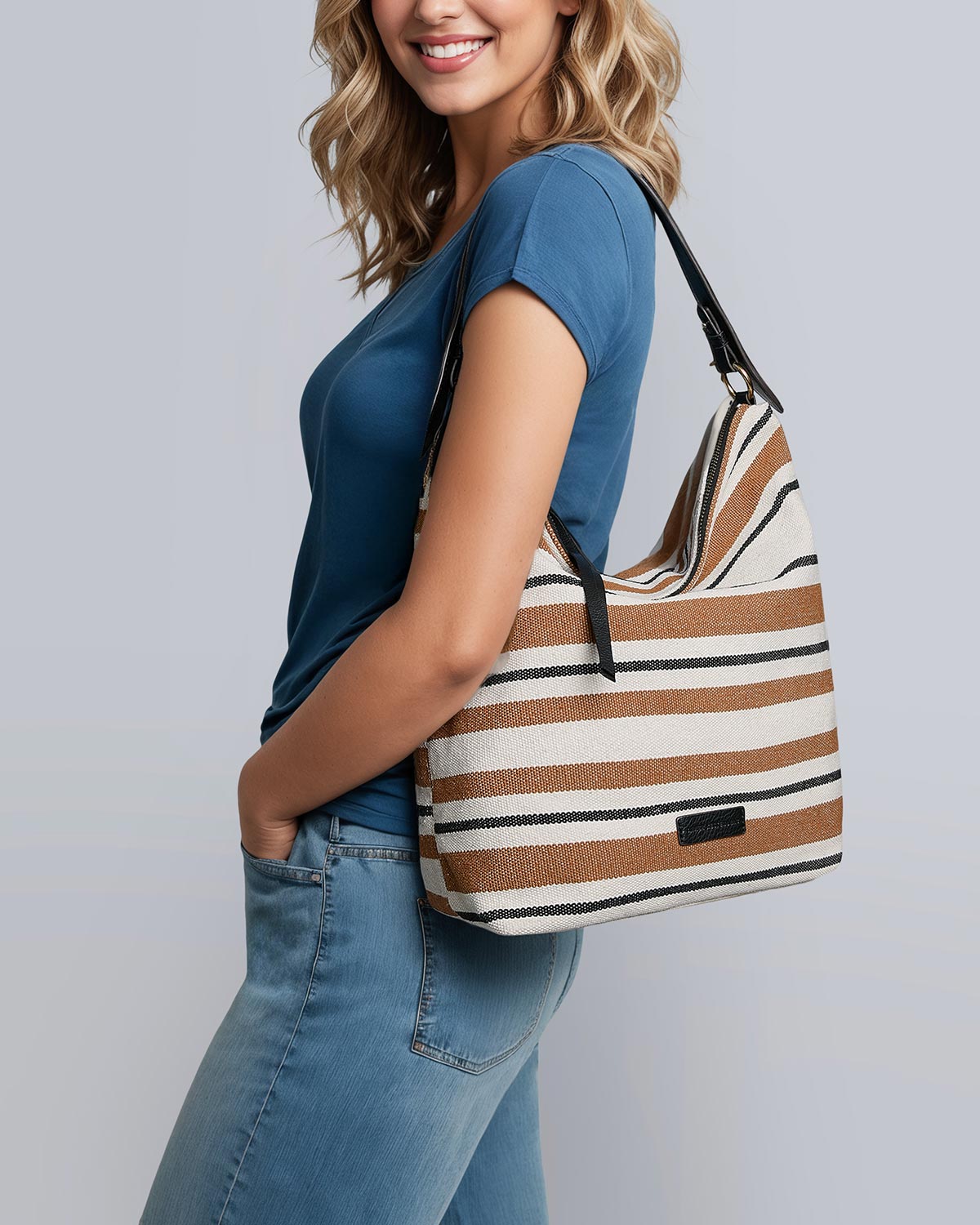 Neutral Ava Ziptop Hobo Designer Leather Handbag For Women | AIMEE