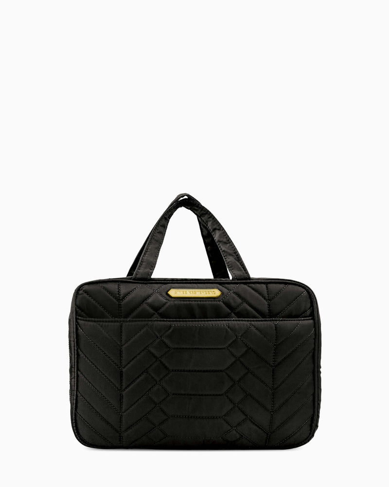 Jenna Hanging Cosmetic Bag - black quilt with gold hardware front
