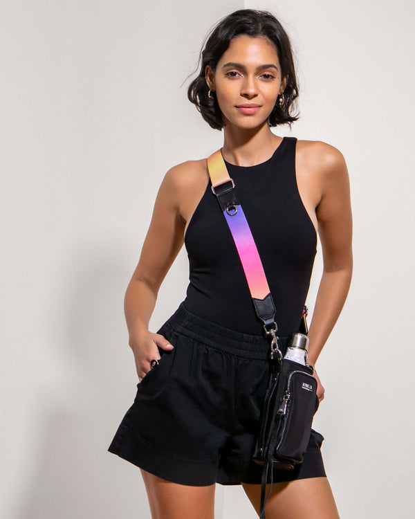 On Top Of The World Water Bottle Crossbody Black With Ombre Strap - on model