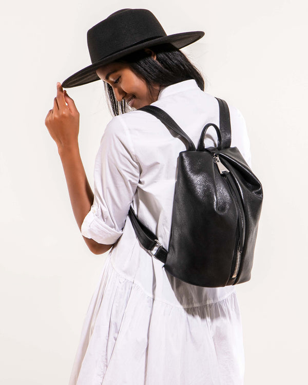 Tamitha Backpack Black With Shiny Silver Hardware - on model