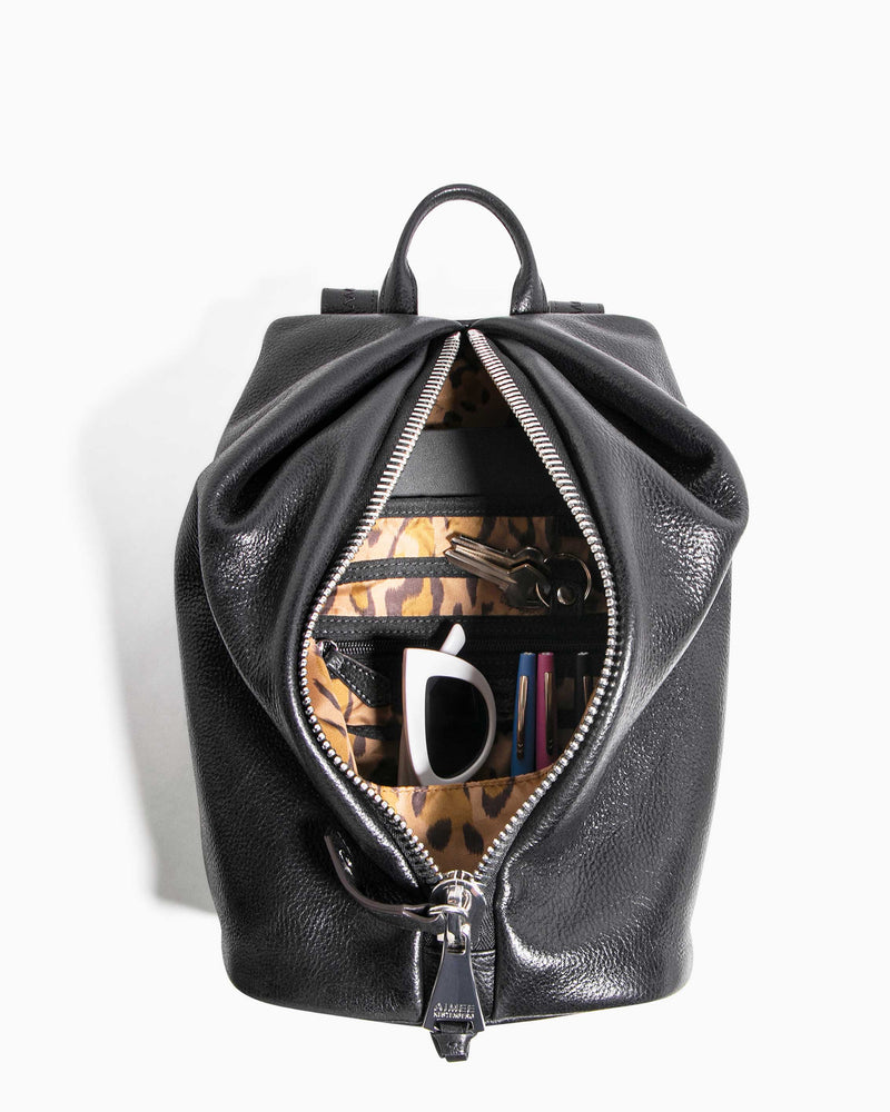 Tamitha Backpack Black With Shiny Silver Hardware - interior functionality